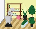 Domestic robot watering plants at home garden.